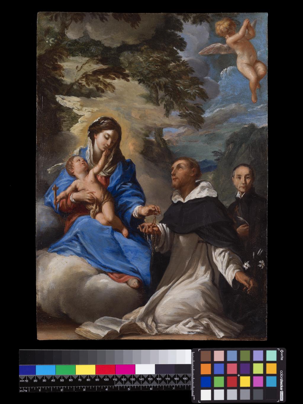 An image of St Dominic receiving the Rosary from the Virgin Mary. Unknown painter, Roman School. Oil on copper, height 37.5 cm, width, 26.6 cm, 1674-1755. Production Note: perhaps Pier Leone Ghezzi.