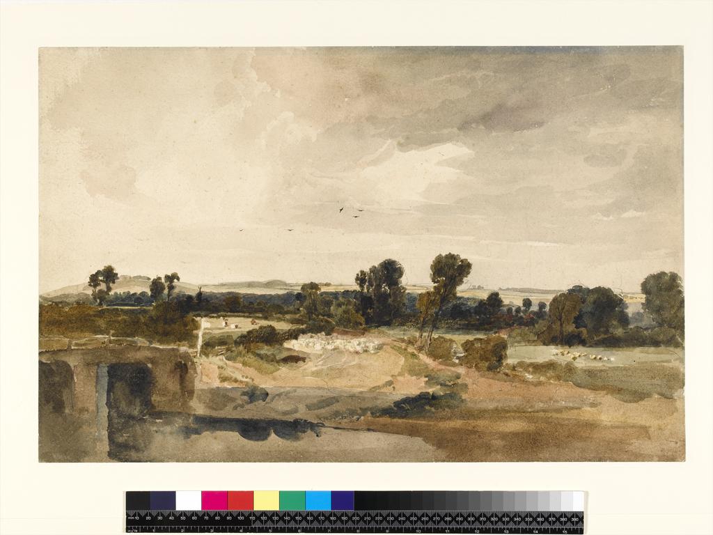 An image of A View in Lincolnshire. De Wint, Peter (British, 1784-1849). Watercolour with gum Arabic, over graphite on paper, height 361mm, width 562mm, circa 1810-1815.
