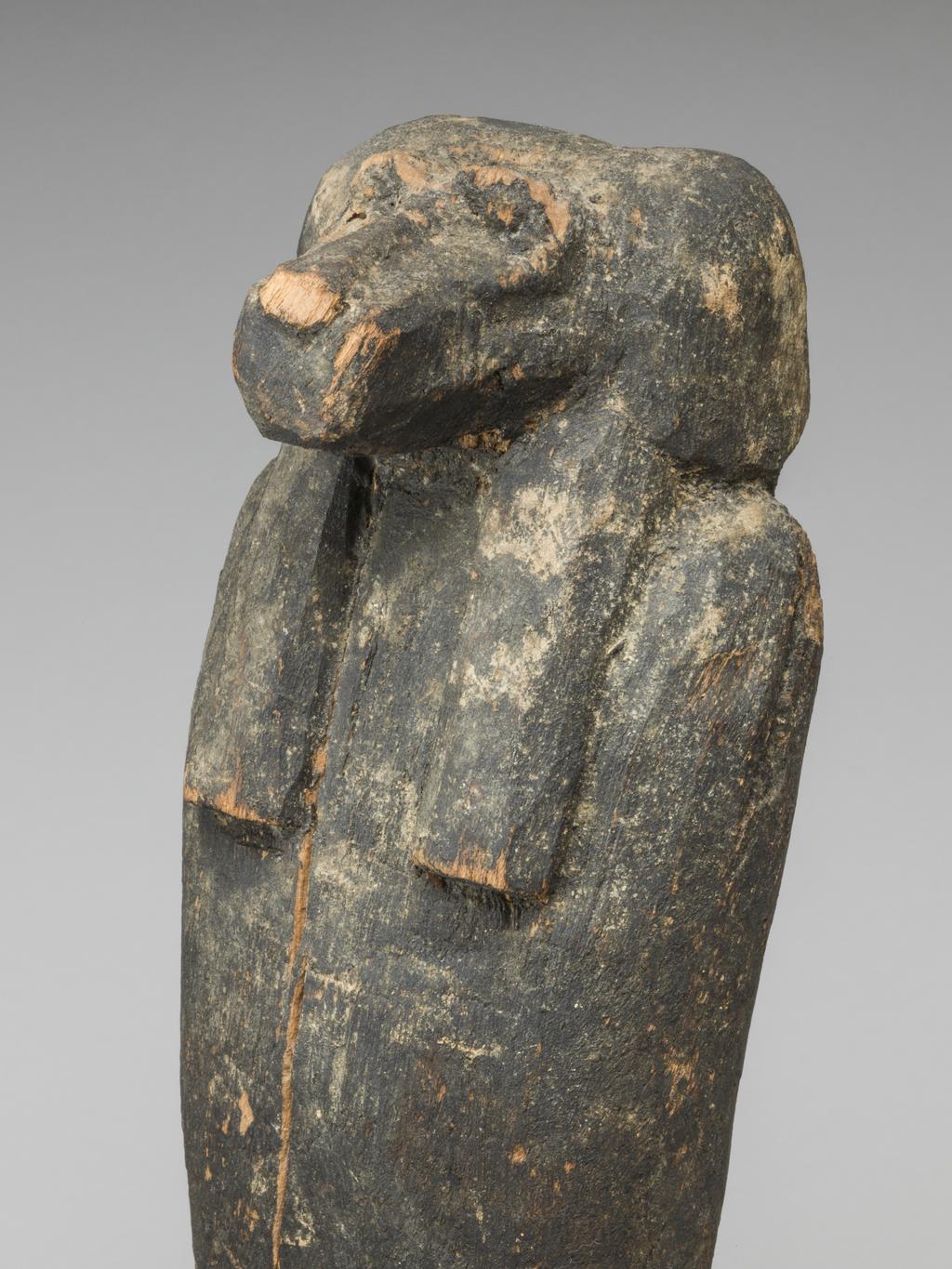 An image of Figure. Son of Horus, baboon headed mummiform figure, standing (Hapi). Rectangular base and feet restored, black resin coating, buried with Nakhtefmut. Production Place: Egypt. Find Spot: Ramesseum, Thebes, Egypt. Wood, carved, depth 8 cm, width 9.5 cm, height 33.5 cm, circa 923 B.C. Twenty-second Dynasty; Third Intermediate period.