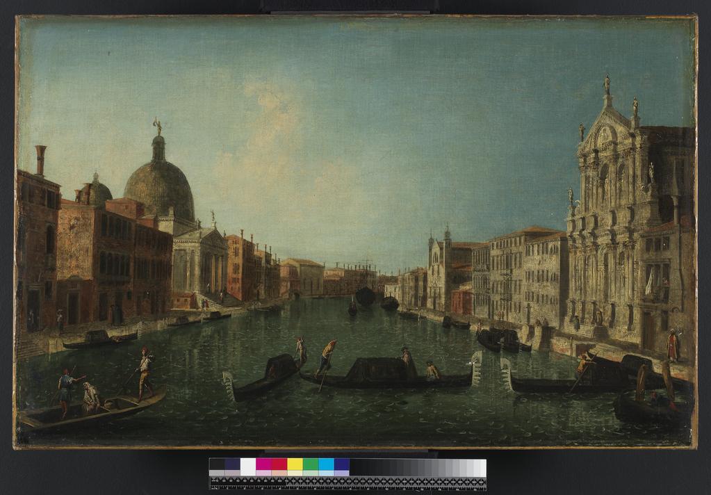 An image of The Grand Canal, Venice, with S. Simeone. Marieschi, Jacopo di Paolo copy after. (Italian, 1711-1794)  Oil on canvas, height 61.9 cm, width 98.4 cm, 1738-1741. Venetian School.
