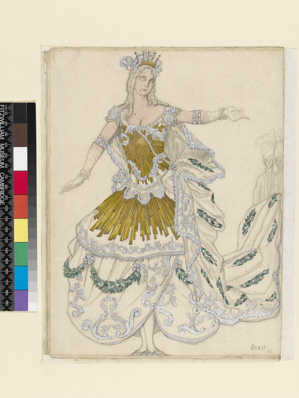 An image of Title/s: "La Princesse Aurore" Maker/s: Bakst, Leon (draughtsman) [ULAN info: 1866-1924] Technique Description: graphite, watercolour, with gold and silver paint, heightened with white, on paperDimensions: height: 300 mm, width: 227 mm Date: 1922 