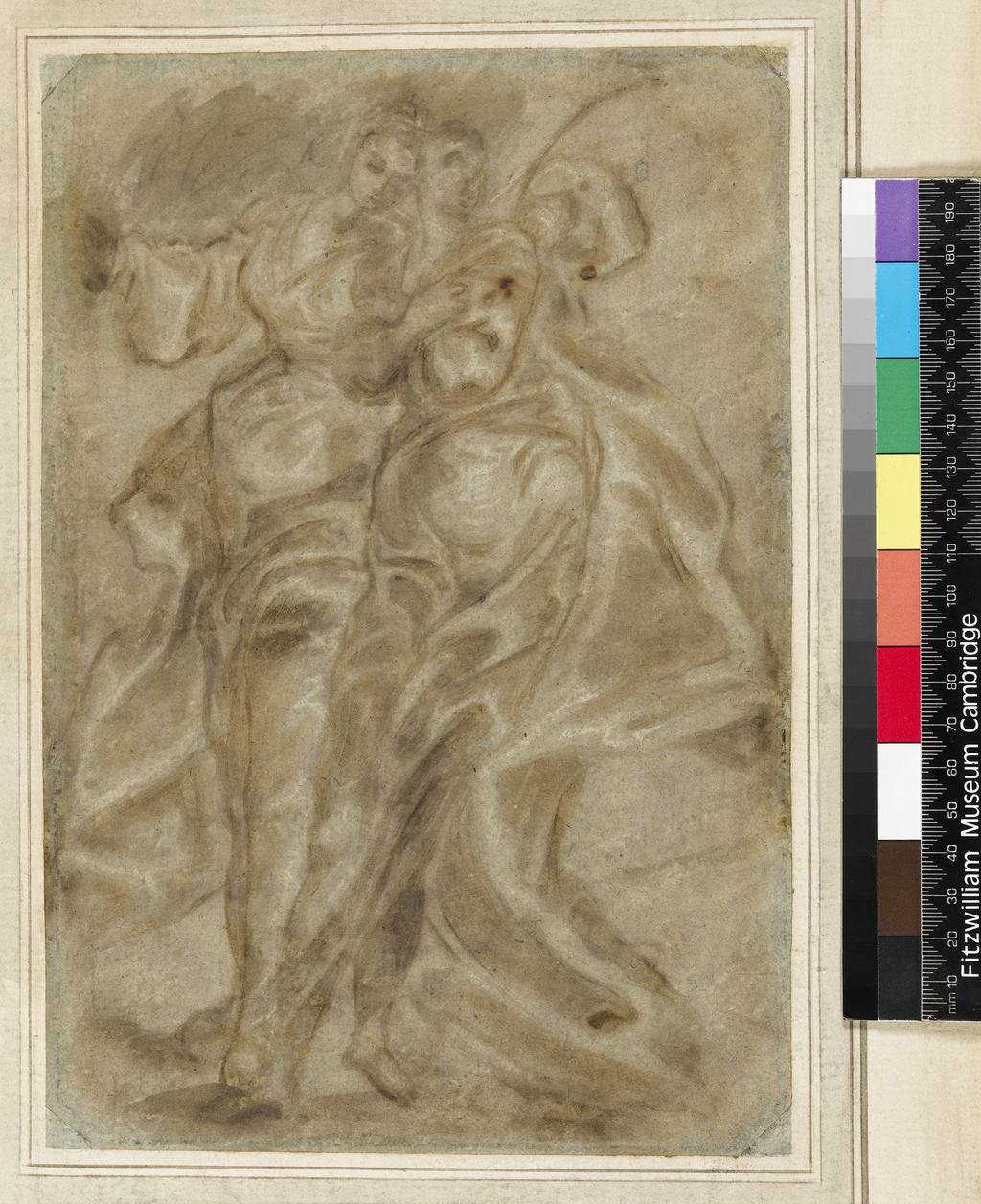 An image of Title/s: A study of two draped female figures Maker/s: THEOTOKOPOULOS, Domenico, called EL GRECO, attributed to Candia [now Herakleion], Crete c.1541-1614 ToledoTechnique Description: brush in brown and grey, heightened with bodycolour on faded blue-grey paper Dimensions: height: 260 mm, width: 176 mm