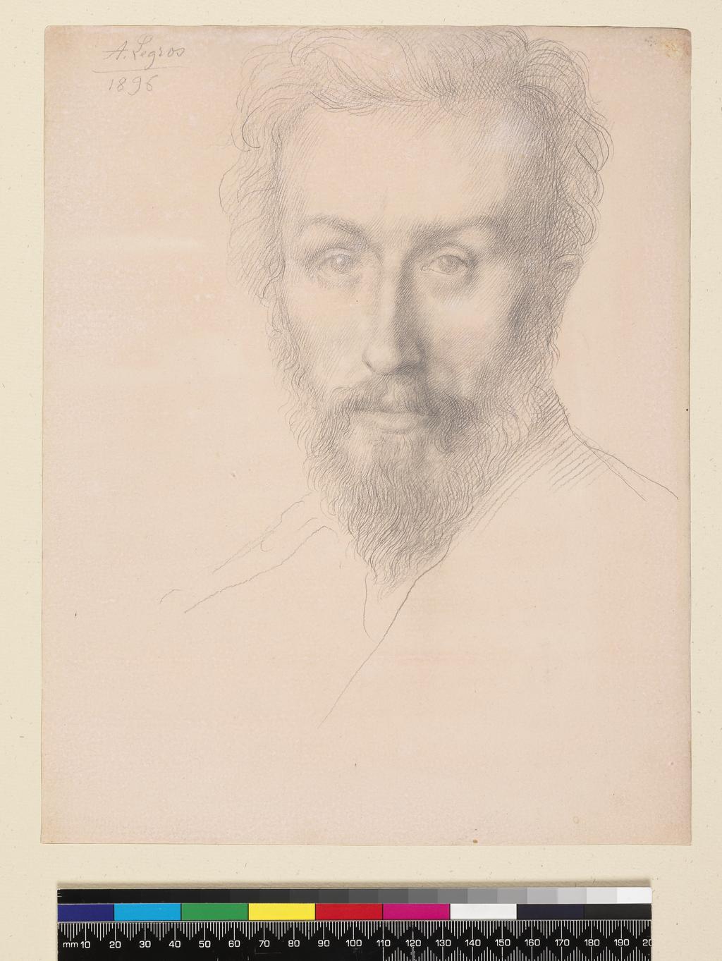 An image of Title/s: Portrait of Charles Ricketts, 1896Maker/s: Legros, Alphonse (draughtsman) [ULAN info: French artist, 1837-1911]Technique Description: silverpoint on pink prepared ground, on paperDimensions: height: 276 mm, width: 219 mmDate: 1896 
