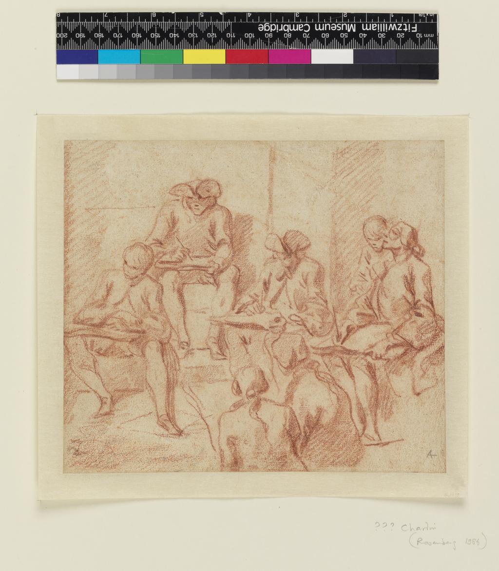 An image of The Drawing Academy. Mercier, Philippe (French, 1689-1760). Red chalk on paper, height 175 mm, width 201 mm.