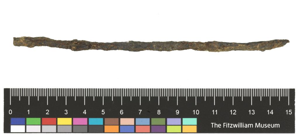 An image of Equipment. Utensil. Spit, used as money. Find Spot: Temple of Artemis Orthia, Sparta, Greece. Depth 0.006 m, width 0.15 m.