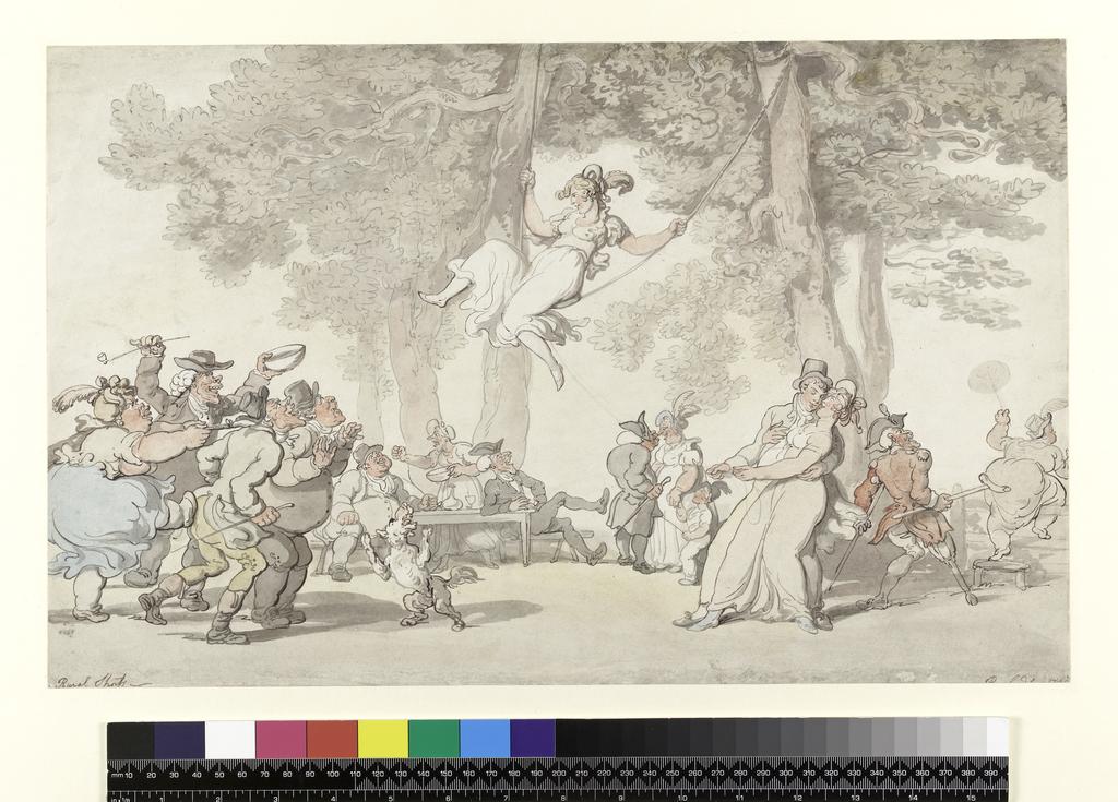 An image of The Swing (Rural sports - or how to show off a well-shaped leg). Rowlandson, Thomas (British, 1756-1827). Graphite, pen and ink and watercolour strengthened with vermilion ink on paper, height 284 mm, width 430 mm, c.1790.