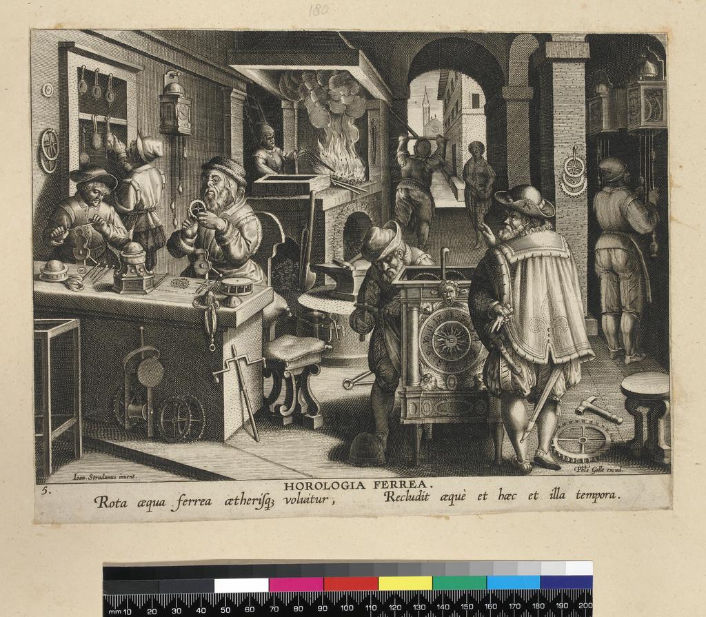 An image of Unknown (printmaker), Galle, Philips (publisher), Straet, Jan van der (Giovanni Stradano) after (draughtsman). The Invention of the Clock. Engraving. circa 1591.