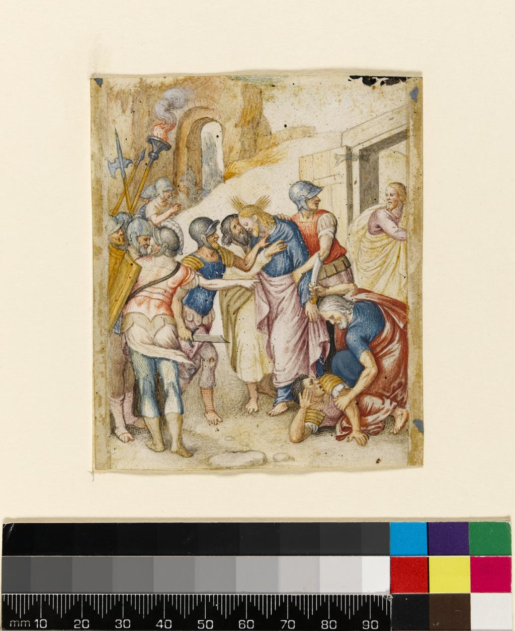 An image of Title/s: The Betrayal 
Maker/s: Muziano, Girolamo after (draughtsman) [ULAN info: Italian artist, 1528-1592]
Technique Description: gouache, point of the brush and ink with highlights in white and gold on vellum (a ruled border 3mm to left and right of the miniature, with traces of gilding) 
Dimensions: height: 95 mm, width: 80 mm 

 
