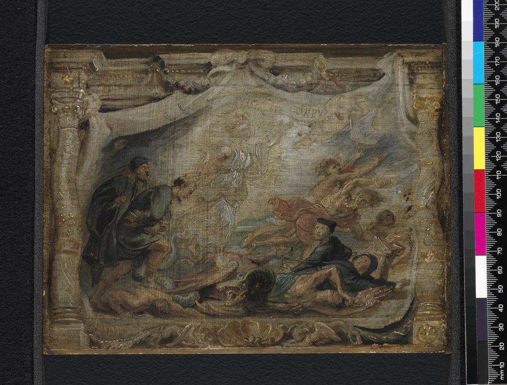 An image of The Victory of the Eucharist over Heresy. Sketch for the 'Eucharist' series of designs. Rubens, Peter Paul (Flemish 1577-1640). Oil on panel, height 16.2 cm, width 21.3 cm, circa 1625-1626.