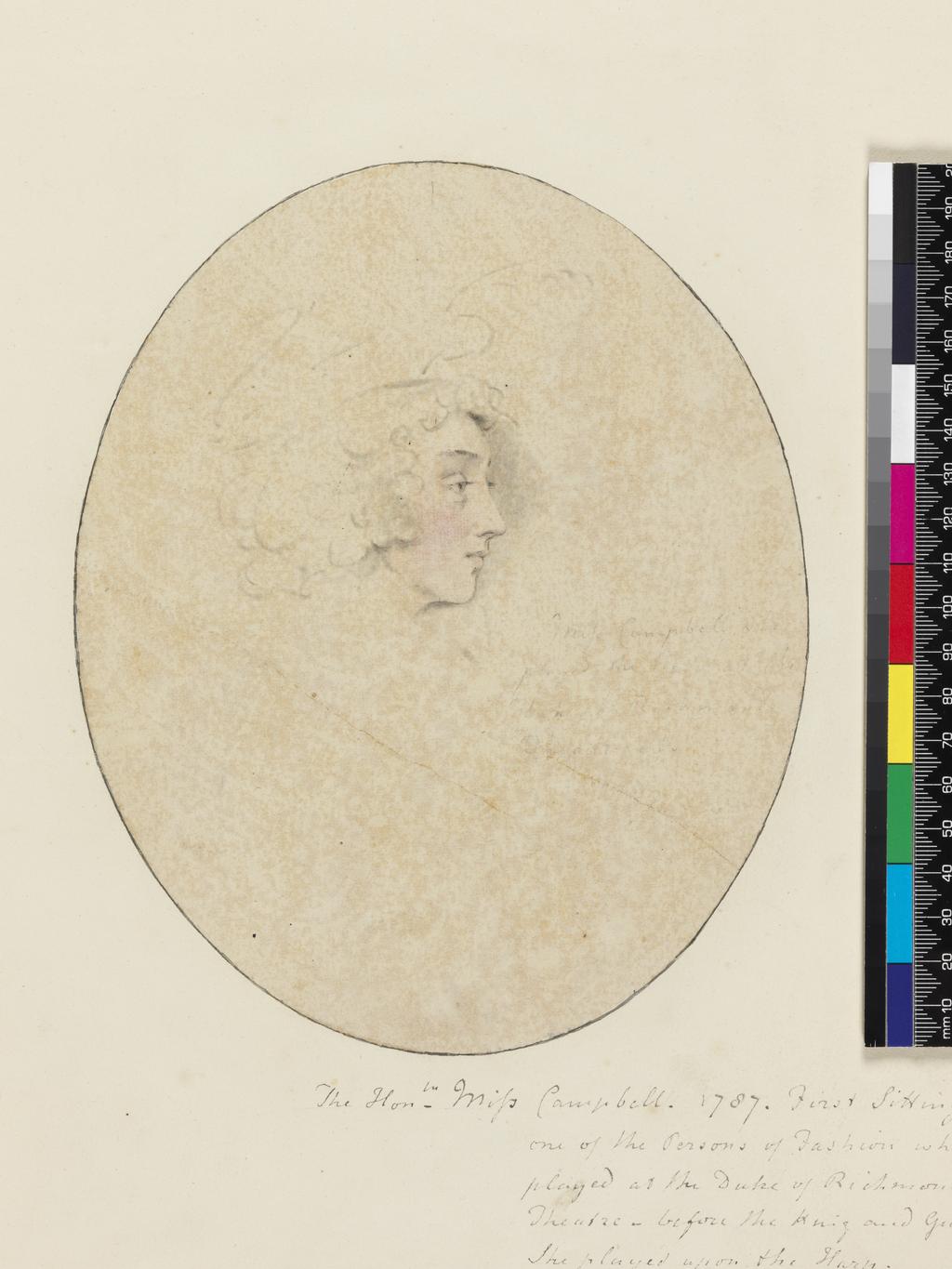 An image of Miss Campbell. Downman, John (British, 1750-1824). Laid down on recto of album sheet, surrounded by drawn ink line. Black and red chalk, with stump on paper, laid down (chalk or watercolour applied to verso), height 202 mm, width 165 mm, 1787.