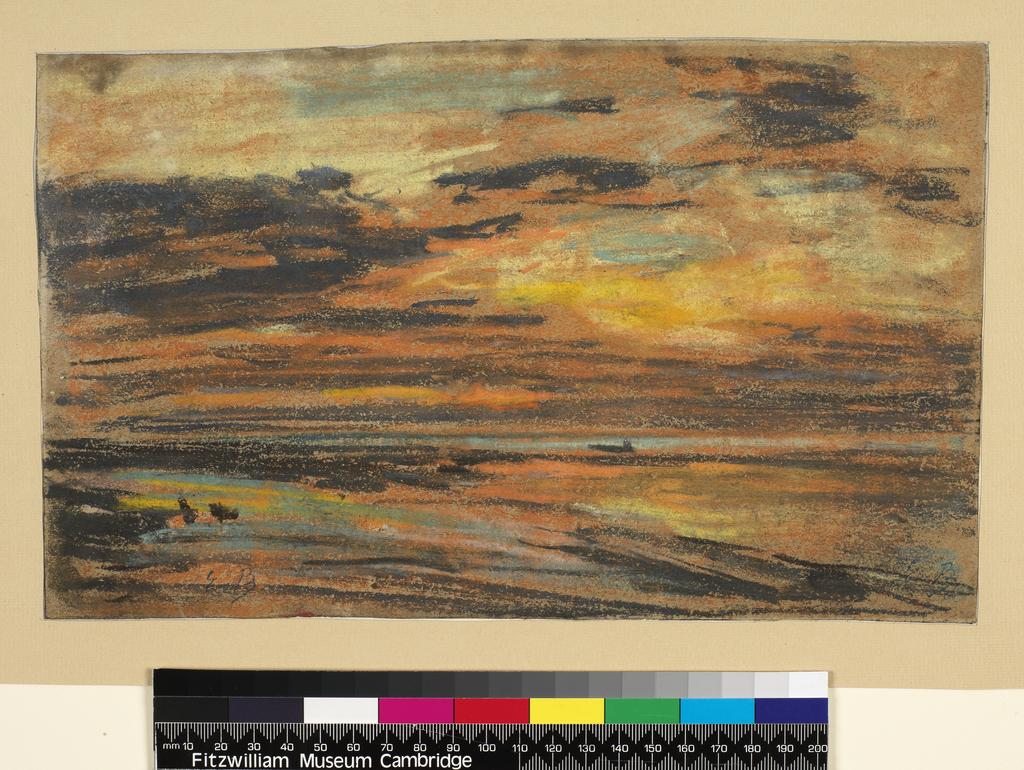 An image of Sunset on the beach. Boudin, Eugène Louis (French, 1824-1898). Pastel chalks on brown paper, height 171 mm, width 281 mm.