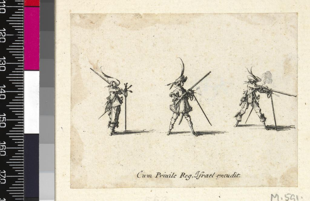 An image of Album. Firing a musket. Excercices Militaires. Engravings by and after Jacques Callot. Volume 2. Callot, Jacques (French, 1592-1635). Henriet, Israël, publisher (French 1590-1661). Etching, 17th Century. Production Notes: See 24.I.8-544. Alternative Number: Lieure; 1329 I/II.