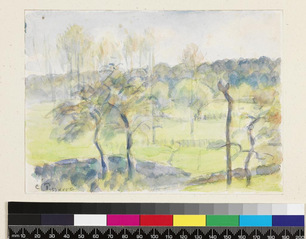 An image of Spring. Pissarro, Camille (French, 1830-1903). Watercolour over black chalk under-drawing, on paper, height 126 mm, width 178 mm.