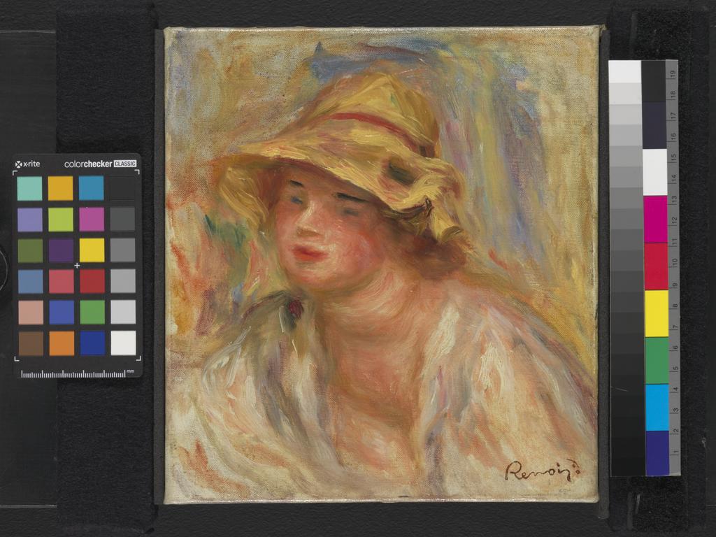 An image of Study of a Girl. Renoir, Pierre Auguste (French, 1841-1919). Oil on canvas, height, canvas, 23.0 cm, width, canvas, 21.0 cm, height, frame, 37.6 cm, width, frame, 35.7 cm, depth, frame, 8 cm, circa 1918-1919. This belongs to the last years of Renoir's life.