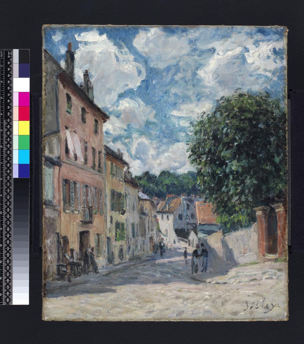 An image of Rue à Louveciennes. Translated title: A Street, Possibly in Port-Marly. Sisley, Alfred (French, 1839-1899). Oil on canvas, height 46.4 cm, width 36.7 cm, 1875-1877.