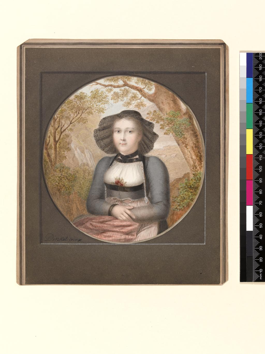 An image of Dinkel, Markus (Swiss, 1762-1832). Portrait of Woman in Costume, in a Landscape. Pen and black ink with watercolour on paper, (the drawing is oval, bounded by a rectangular box with borders drawn in as for a mount), laid down on paper, height 150 mm, width 145 mm.