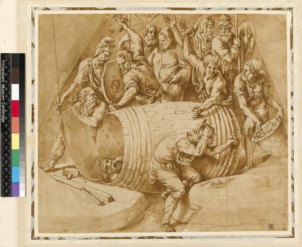 An image of Title/s: Regulus in the barrel 
Maker/s: Giulio Romano (Giulio Pippi) attributed to (draughtsman) [ULAN info: 1499 ?-1546; Artist, Painter, Mantova, Roma]
Technique Description: pen and brown ink, brown wash, on paper, laid down 
Dimensions: height: 301 mm, width: 344 mm

 

 
