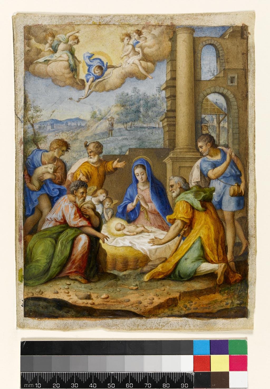 An image of Title/s: The Adoration of the Shepherds Maker/s: ZUCCARI, Taddeo, afterTechnique Description: bodycolour, point of the brush, with gold highlights on paper? pasted on to vellum Dimensions: height: 160 mm, width: 122 mm