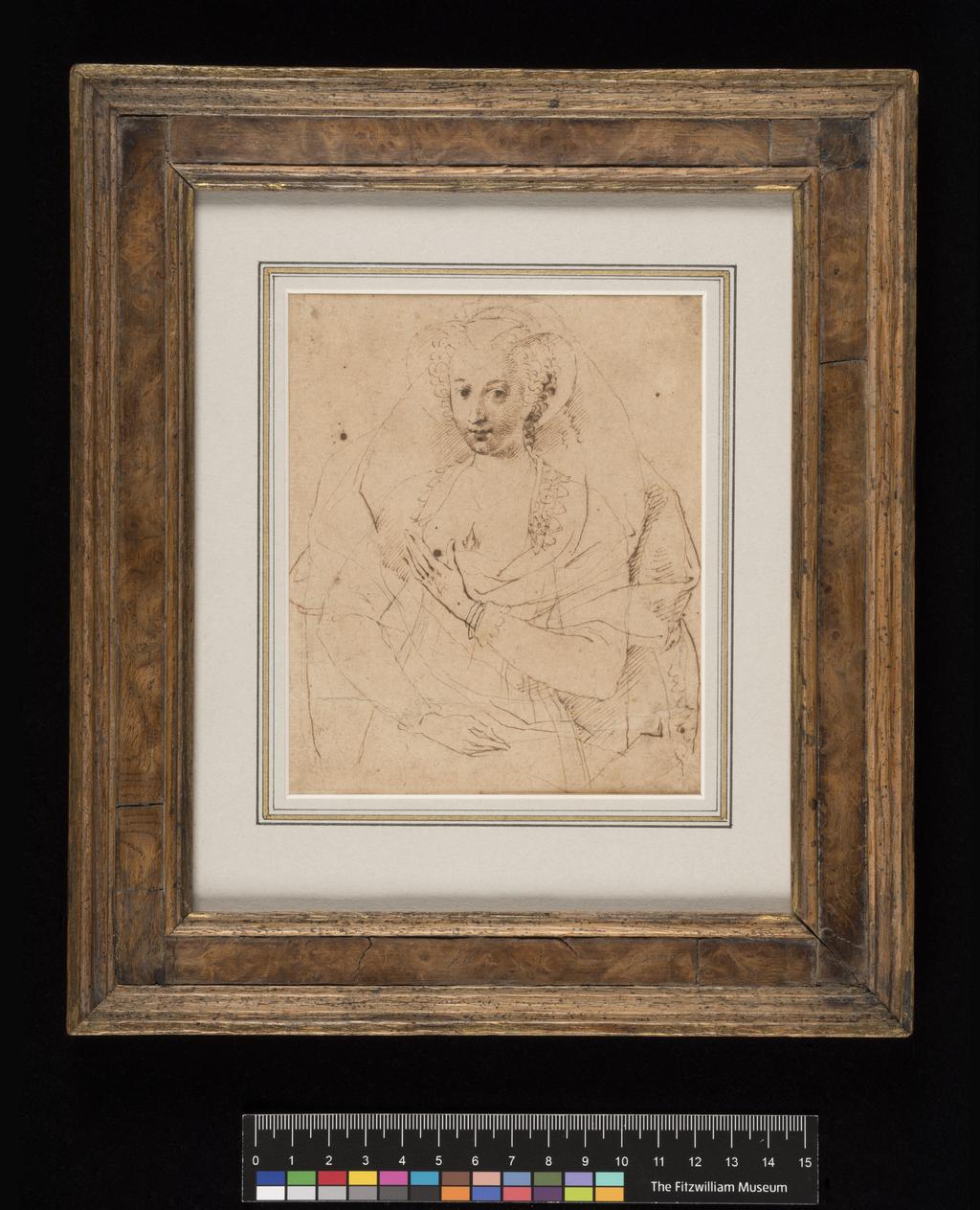 An image of Miniature (painting). Lucy Harington, Countess of Bedford. Unknown Lady. Part of an arm and a hand. Oliver, Isaac I (British, 1556(?)-1617). Recto: pen and brown ink over traces of black chalk verso: black chalk on paper. Height 143 mm, width 117 mm. Notes: This is a preliminary drawing for the miniature of Lucy Harrington, Countess of Bedford, in the Fitzwilliam, no. 3902. Acquisition Credit: From the Marlay Fund.