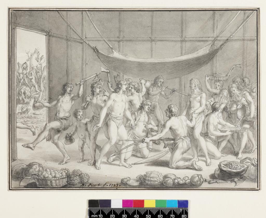 An image of "Marriage des Indians du Panama". Picart, Bernard (French, 1673-1733). Pen and black ink, grey wash with brown ink, double line border on laid paper, incised, height 152 mm, width 211 mm, 1723.