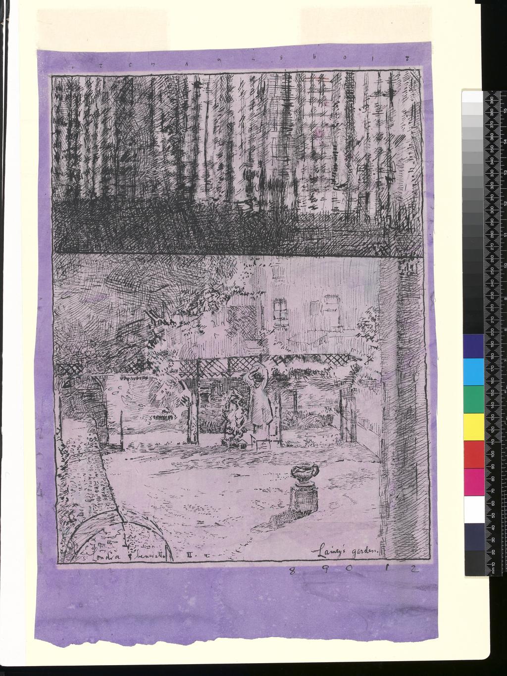 An image of Lainey's Garden. Sickert, Walter Richard. Pen and Indian ink on mauve paper. Height 406 mm, width 308 mm. A study for the oil painting "The Garden of Love" (no. 2726). Circa 1927-1931.