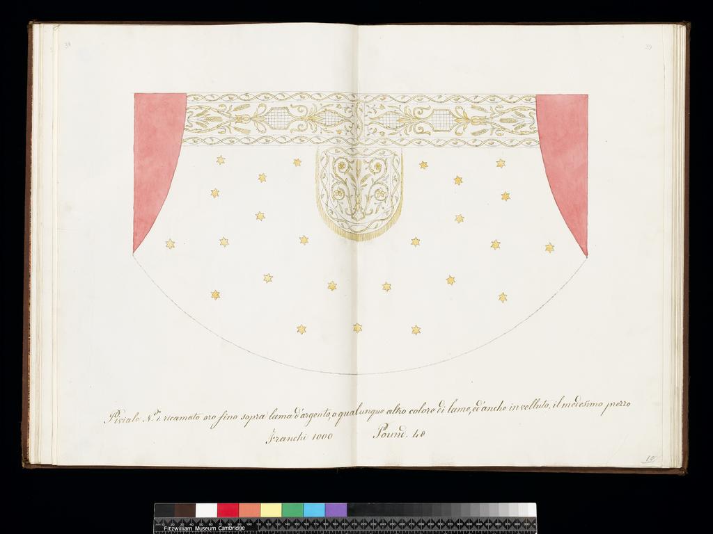 An image of Title/s: Book of Designs for ecclesiastical vestments and ornaments
Title/s: Cope No. 1. Design to be embroidered, gold on silver ground, lined with red 
Maker/s: Unknown (draughtsman)
School/Style: Italian 
Technique Description: graphite and watercolour - yellow and red on double sheets of paper
Dimensions: height: 312 mm, width: 451 mm