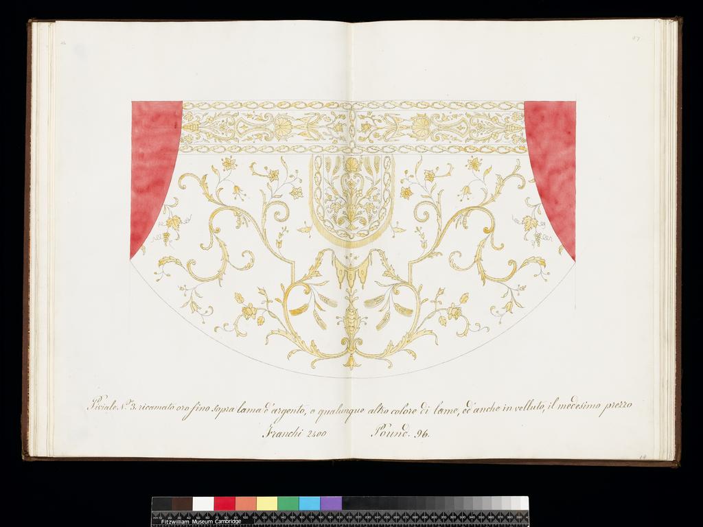 An image of Title/s: Book of Designs for ecclesiastical vestments and ornamentsTitle/s: Cope No. 3. Design to be embroidered, gold on silver ground, lined with red Maker/s: Unknown (draughtsman)School/Style: Italian Technique Description: graphite and watercolour - yellow and red on double sheets of paper Dimensions: height: 312 mm, width: 451 mm