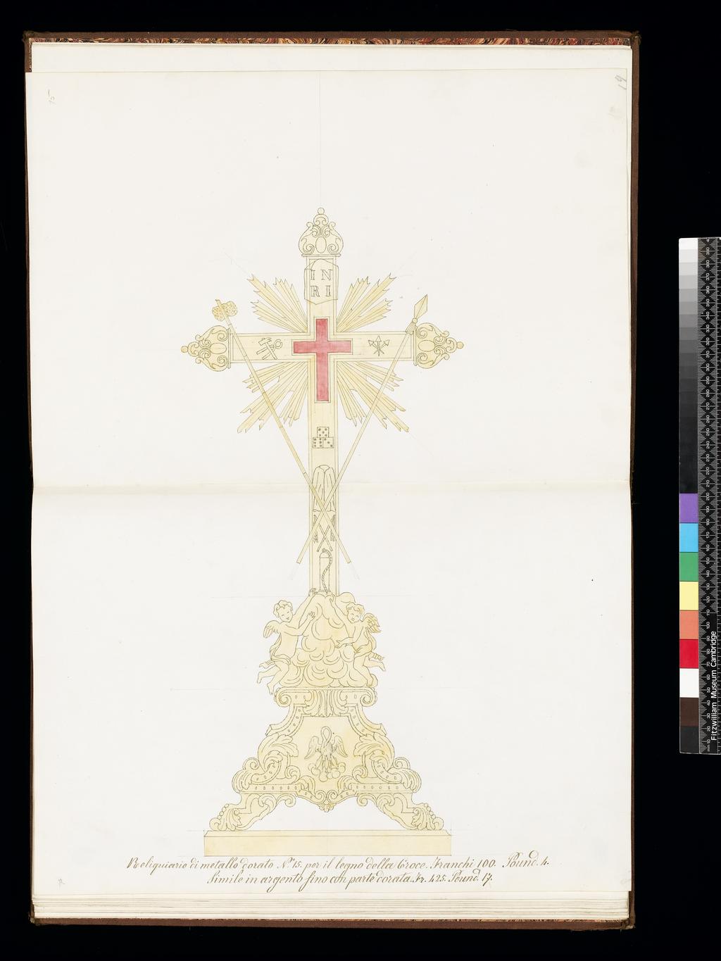 An image of Title/s: Book of Designs for ecclesiastical vestments and ornamentsTitle/s: Gilt reliquary No. 15 Maker/s: Unknown (draughtsman)School/Style: ItalianTechnique Description: graphite and watercolour - yellow and red on double sheets of paperDimensions: height: 312 mm, width: 451 mm