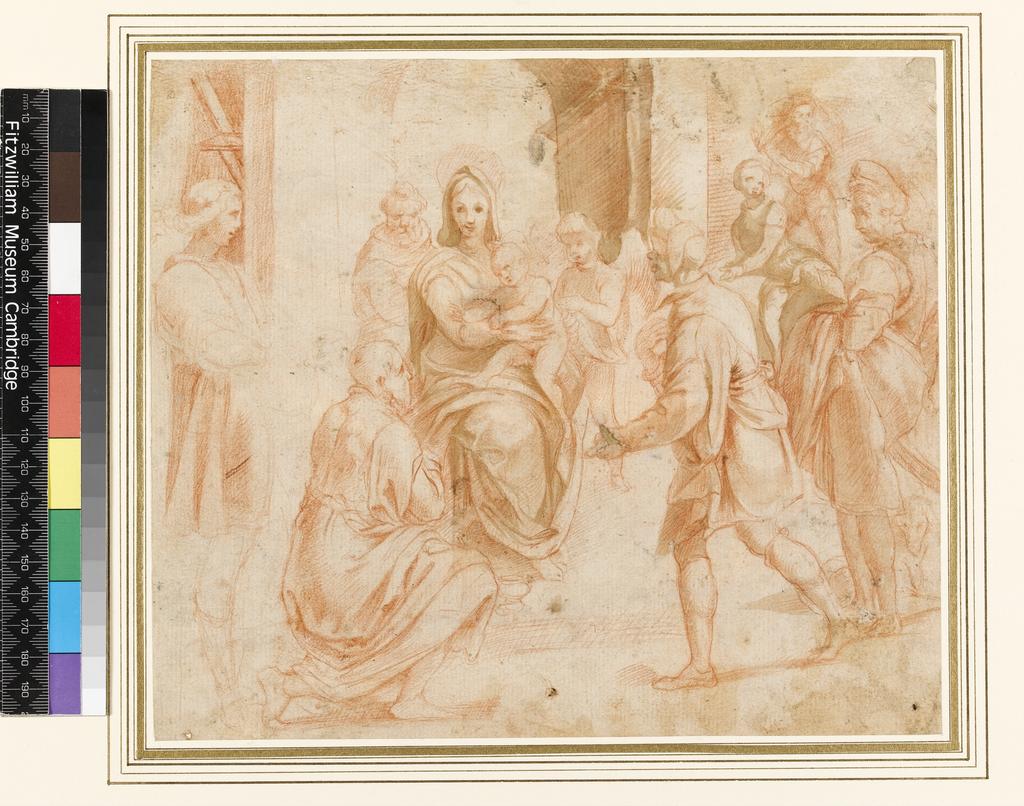 An image of Title/s: The Adoration of the Magi Maker/s: Andrea del Sarto after (draughtsman) [ULAN info: 16.VIII.1486-29.IX.1530; Artist, Painter, Firenze]Technique Description: red chalk with brown wash, on paper, on mount Dimensions: height: 214 mm, width: 248 mm