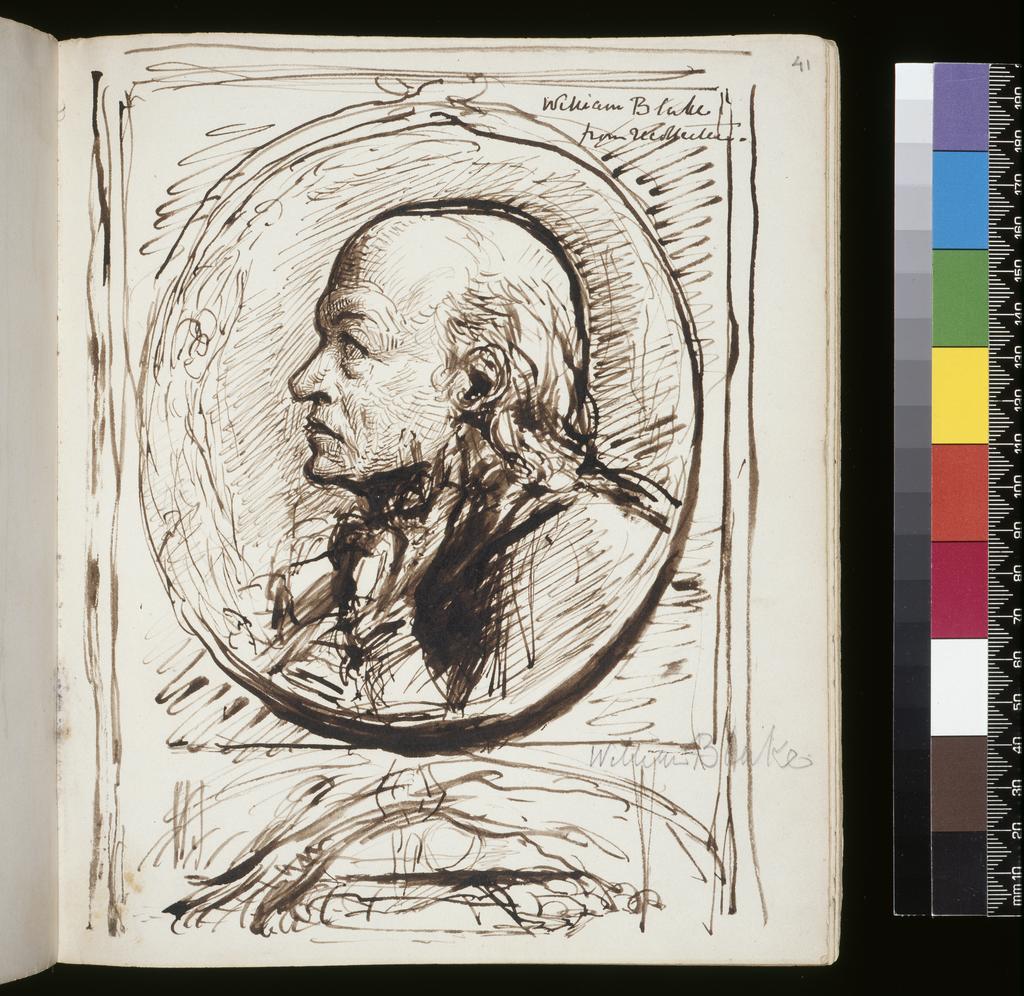 An image of Study for a portrait of William Blake, head framed in oval, looking left. Notebook used by the artist for sketches and notes. Richmond, George (British, 1809-18960. Cardbound notebook with 91 ff. contains a variety of media including black and red chalk, brown ink, brown ink wash and graphite on paper, height (sheet size) 181 mm, width (sheet size) 215 mm.