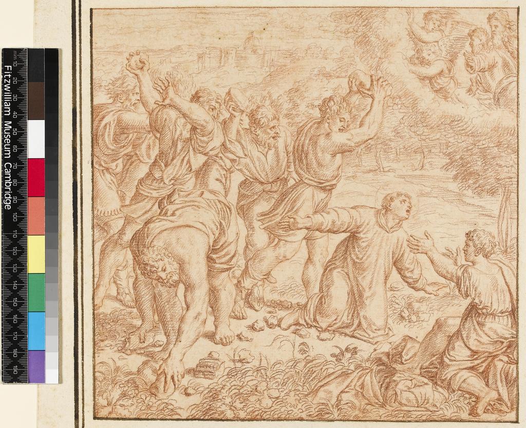 An image of Title/s: The Martyrdom of St. Stephen Maker/s: Raffaello Sanzio after (draughtsman) [ULAN info: 1483-1520]Technique Description: red chalk bordered on all sides by a line in red chalk, and on three sides by a line in brown wash, on paper Dimensions: height: 246 mm, width: 252 mm