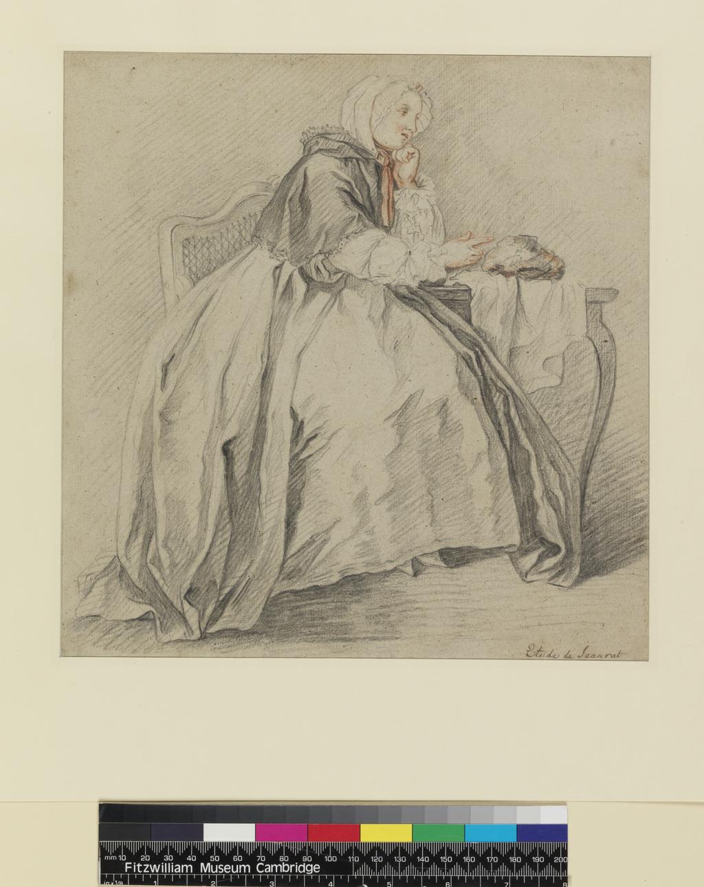 An image of Study for 'La Relevée'. Jeaurat, Étienne (French, 1699-1789). Black and red chalk on greyish brown laid paper, backed, height 262 mm, width 254 mm.