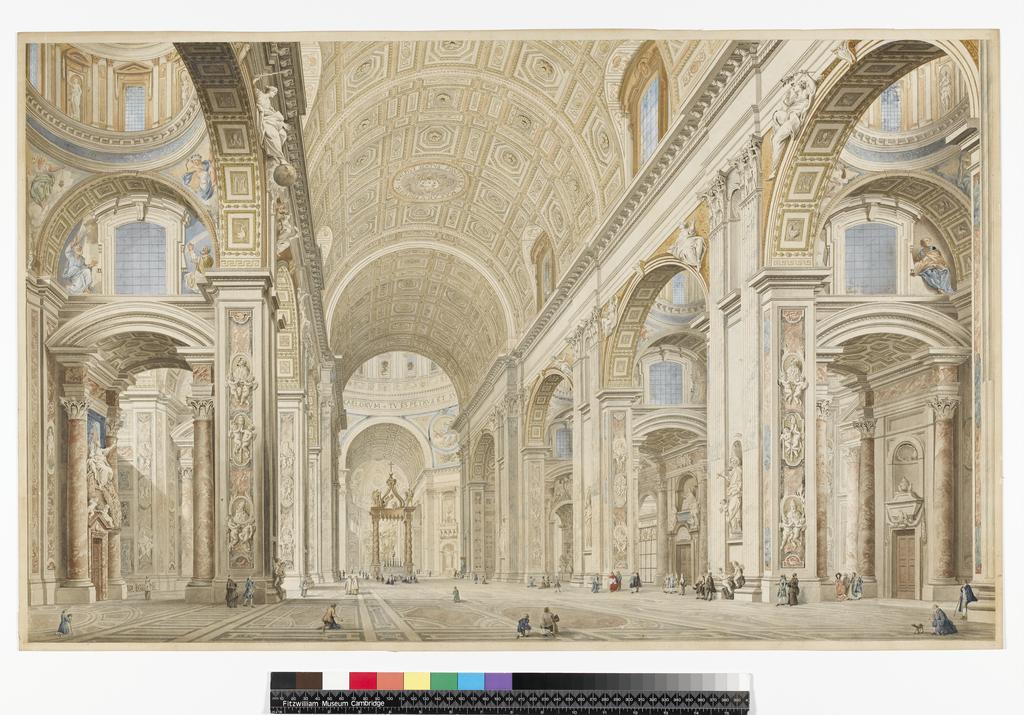 An image of Title/s: St Peter's Rome; a view of the nave looking towards the High-Altar Maker/s: Pannini, Giovanni Paolo attributed to (draughtsman) [ULAN info: Technique Description: graphite and watercolour on paper Dimensions: height: 519 mm, width: 823 mm