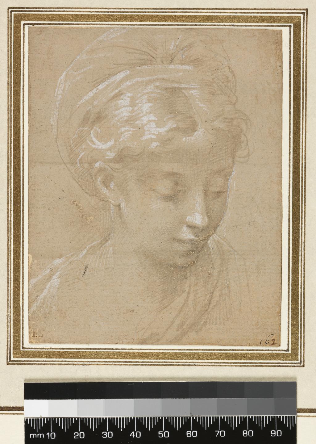 An image of Head of a Young Woman. Parmigianino (Francesco Mazzola) (Italian, 1503-1540). Silverpoint, heightened with bodycolour on a pinkish-grey prepared surface, on paper, height 113 mm, width 90 mm.