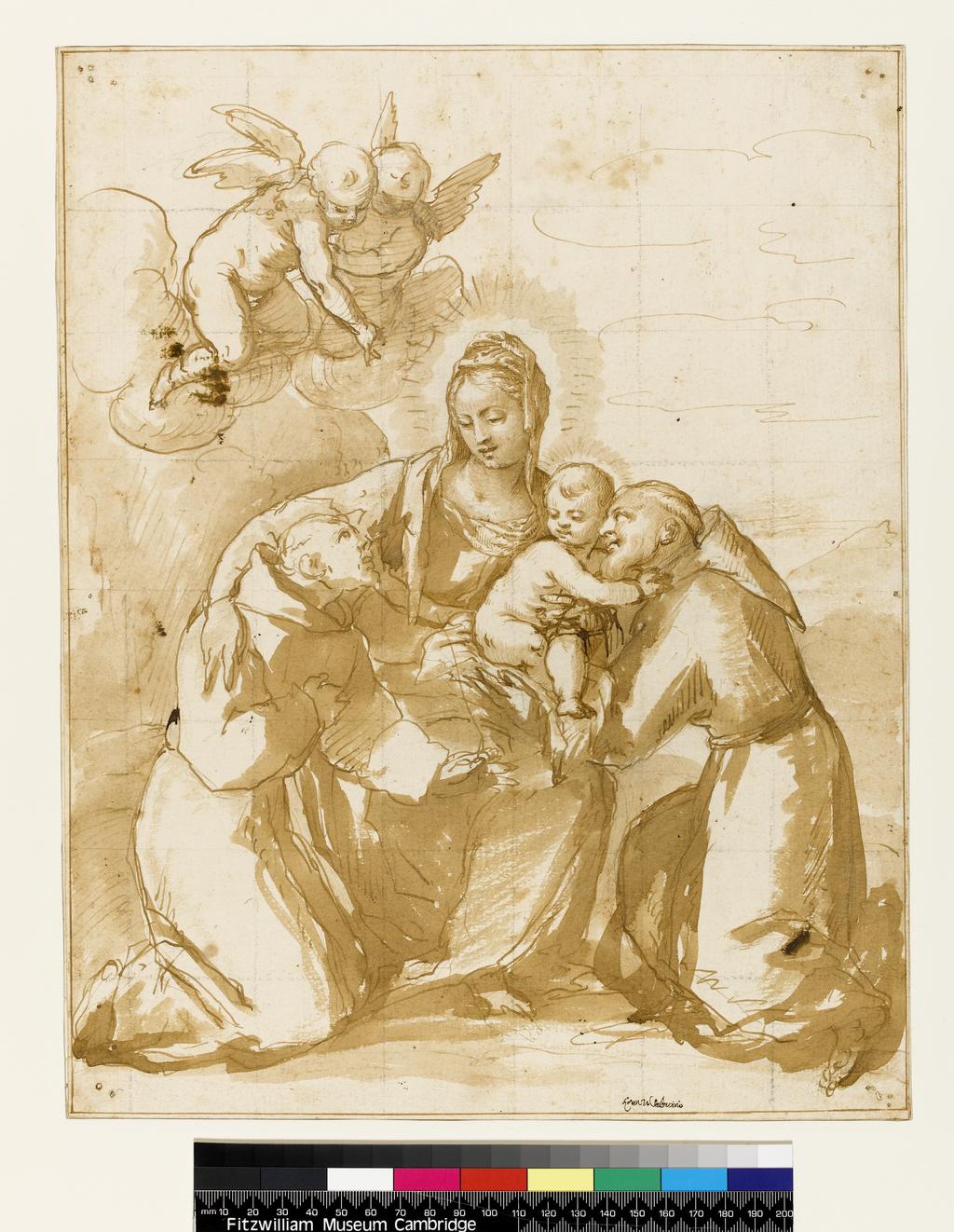 An image of Title/s: The Virgin and Child with SS Antony and Francis 
Maker/s: Brusasorci, Felice attributed to (draughtsman) [ULAN info: Italian artist, c.1542-1605]
Technique Description: pen and light brown ink, with light brown wash over traces of black chalk, squared in black chalk - a line of thin wash frames the sheet, on paper 
Dimensions: height: 365 mm, width: 288 mm

 
Date
 after 1590
 

 
