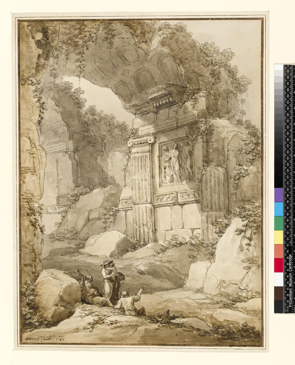 An image of Title/s: Landscape with classical ruins and a woman and child with two seated men 
Maker/s: Zucchi, Antonio (draughtsman) [ULAN info: Italian artist, 1726-1795]
Technique Description: pen and black ink with brown and grey washes on paper laid down on card 
Dimensions: height: (image size): 519 mm, width: (image size): 387 mm

 
Date
 1783
 

 
