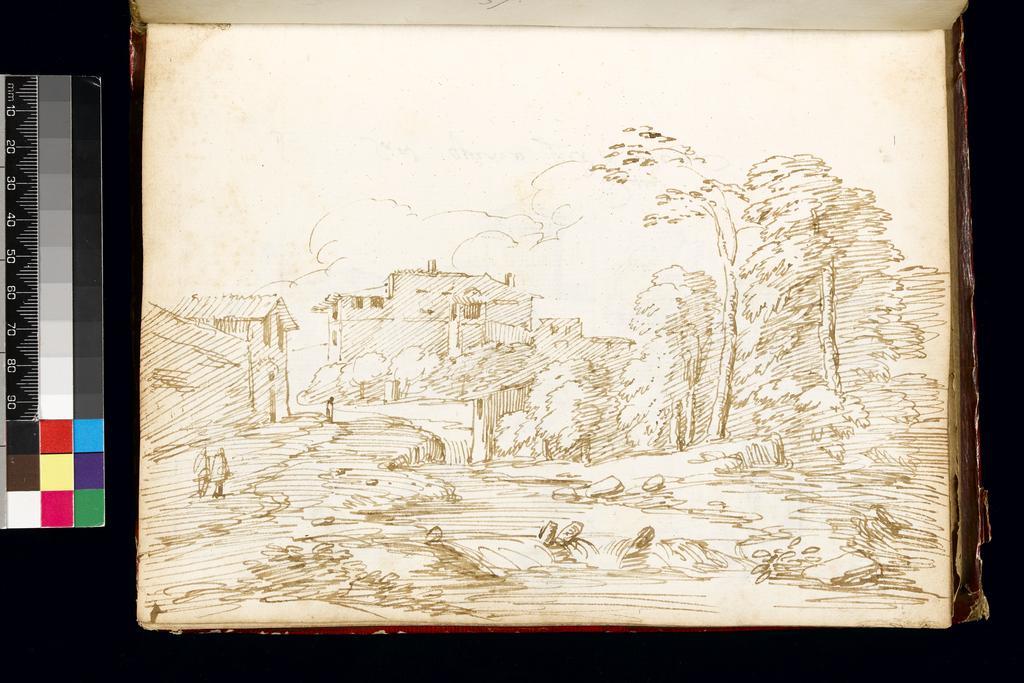 An image of Title/s: Outskirts of a town with a house by a stream 
Maker/s: Busiri, Giovanni Battista (draughtsman) [ULAN info: Italian artist, 18th cent.]
Technique Description: pen and brown ink on paper 
Dimensions: height: 222 mm, width: 166 mm