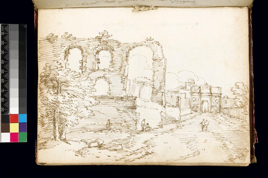 An image of Title/s: A view of the aqueduct at San Gregorio, Rome, with the Arch of Constantine in the distance Maker/s: Busiri, Giovanni Battista (draughtsman) [ULAN info: Italian artist, 18th cent.]Technique Description: pen and brown ink over black chalk on paper Dimensions: height: 222 mm, width: 166 mm