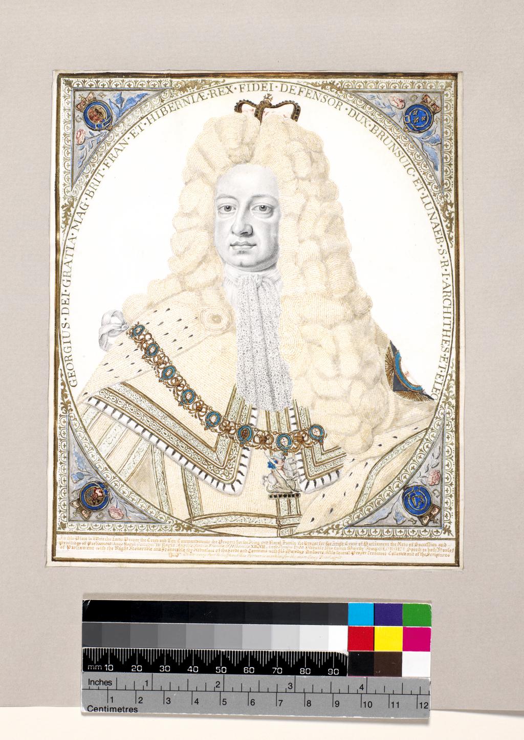 An image of George I (1660-1727). Sturt, John (British, 1658-1730). Graphite, brown ink, watercolour and gold on vellum, height 177 mm, width 147 mm.