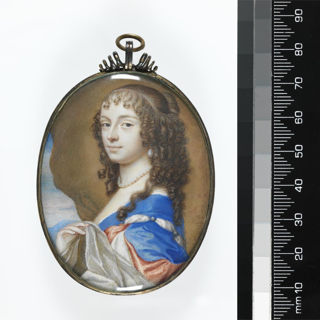 An image of Miniature. Unknown Lady. Cooper, Samuel (British, 1609-1672). Watercolour on vellum on card, height, vellum (skin), 65 mm, width, vellum (skin), 50 mm, 1647.