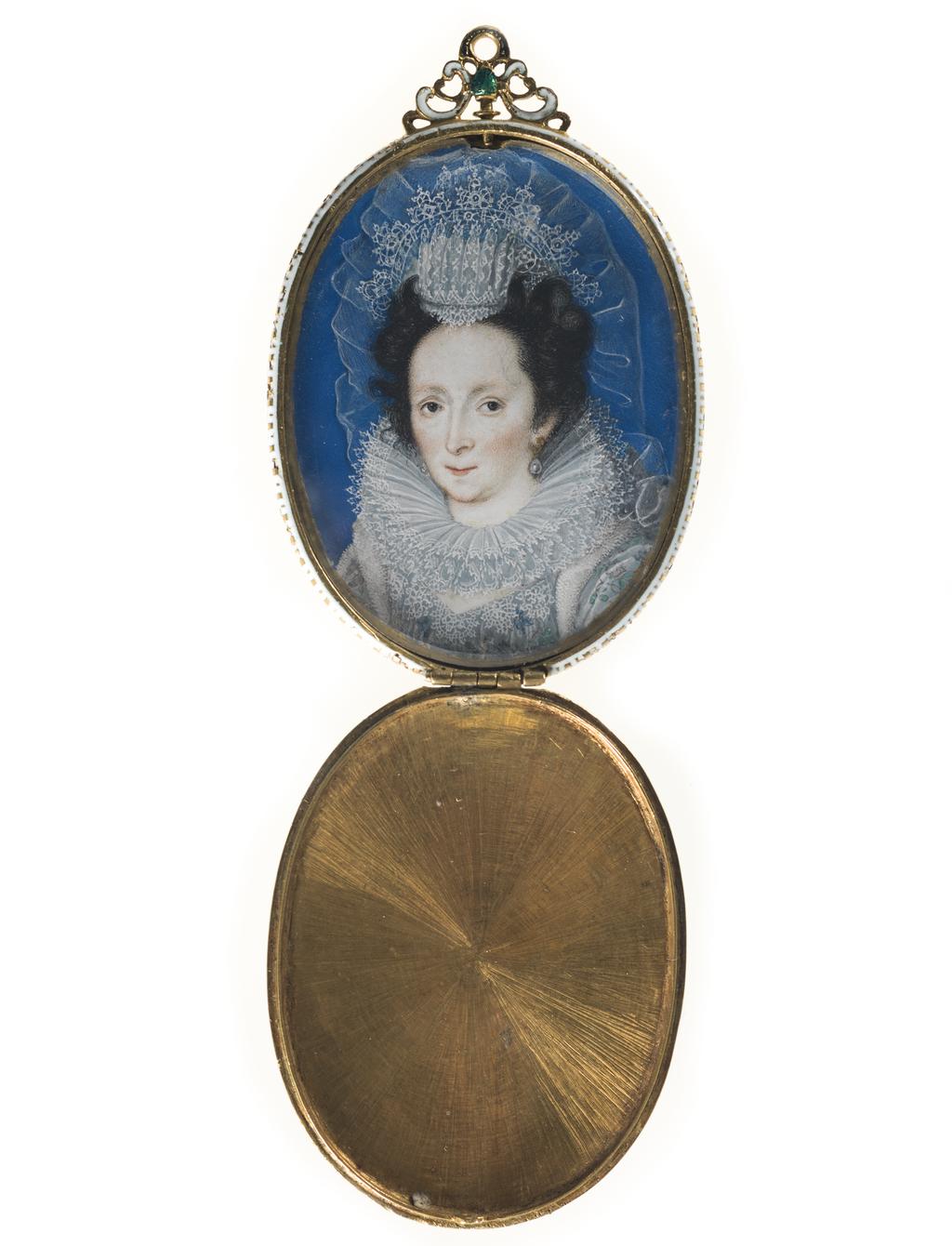 An image of Elizabeth, Countess of Rutland 1585-1612. Oliver, Isaac I (school of, British, c.1556-1617). Watercolour on vellum on card, height 54 mm, width 42 mm, circa 1612. Elizabethan.
