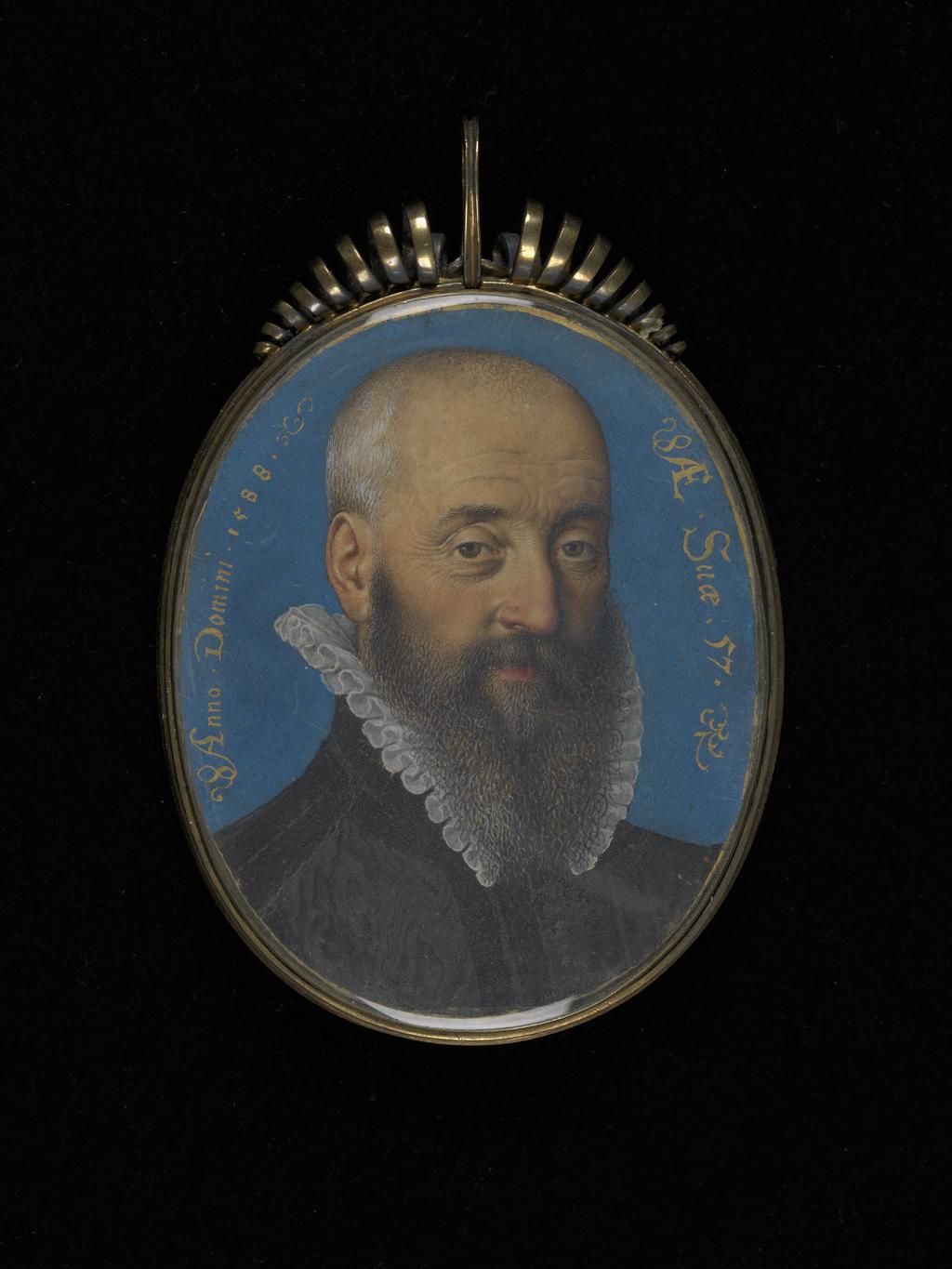 An image of Miniature. Unknown Man. Oliver, Isaac I (British, 1556(?)-1617). Watercolour on vellum on card, height 54 mm, width 49 mm, 1588. Production Note: Formerly catalogued as '?Dutch School, 16th century'. New attribution by H.W. 'Disputed attribution', Graham Reynolds (Apollo, November 1985).