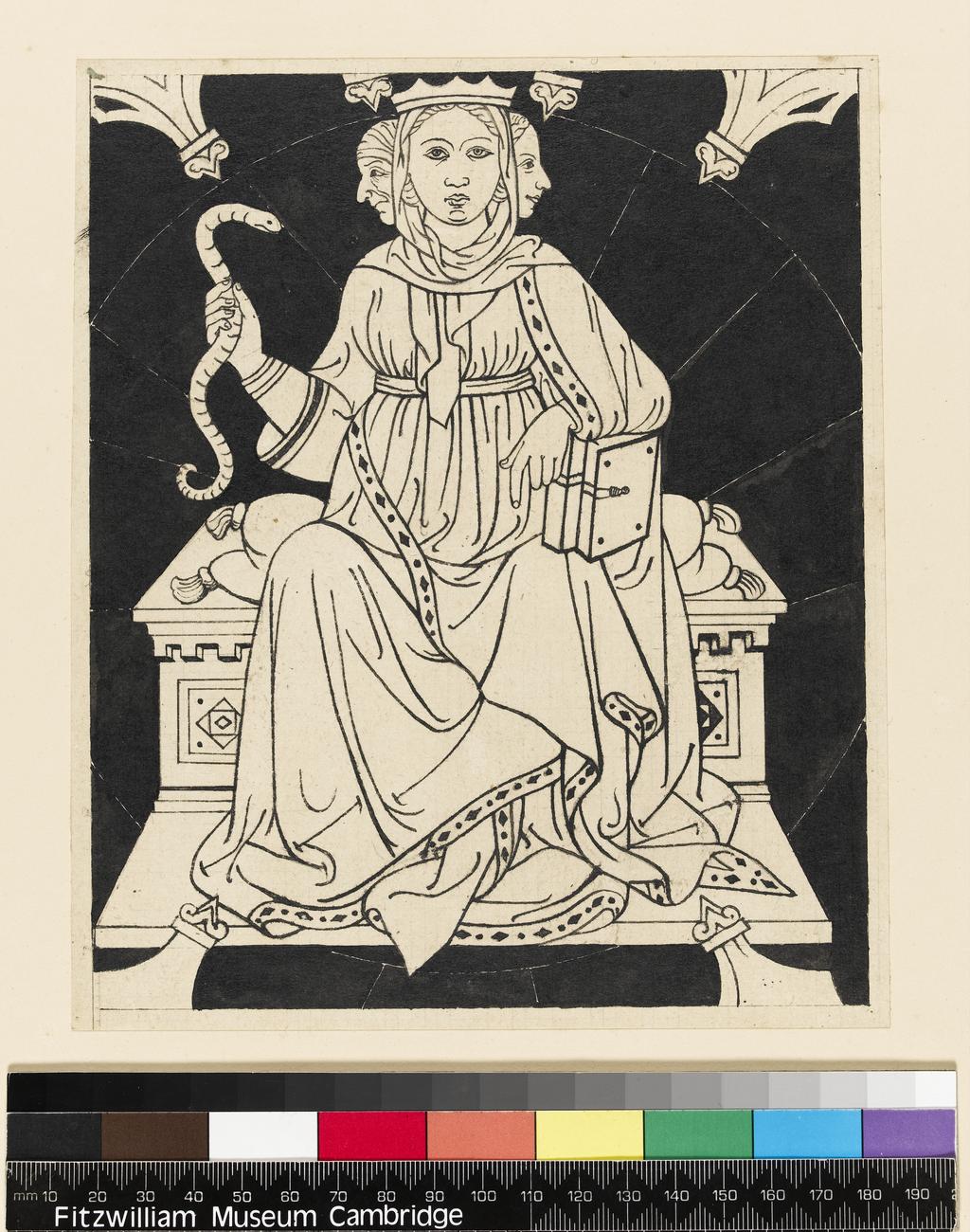 An image of Title/s: Drawing reduced from tracings taken from the inlaid marble pavement of Siena Cathedral during its restoration in the nineteenth centuryTitle/s: Prudence Maker/s: Maccari, Leopoldo (draughtsman) [ULAN info: Italian artist, 1850-1894?]Technique Description: pen and black ink, black wash on lightly squared paper Dimensions: height: 204 mm, width: 172 mm
