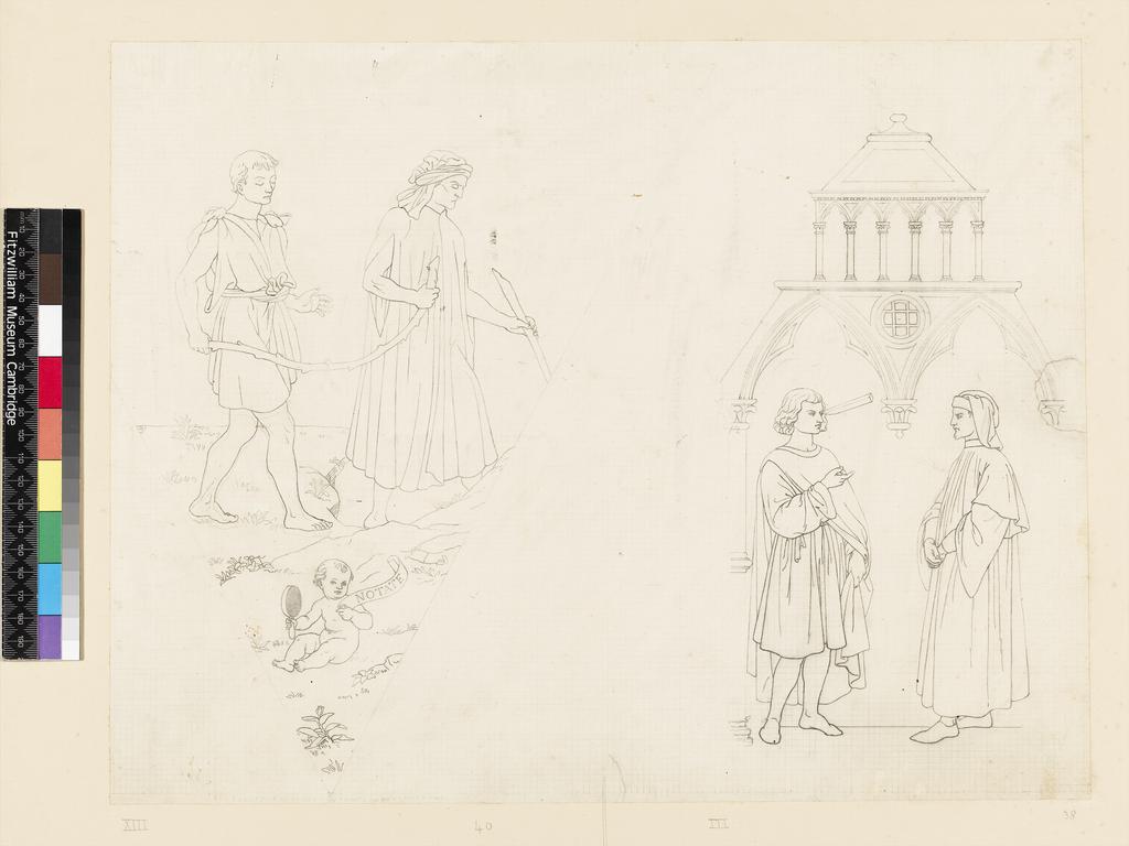 An image of Title/s: Drawing reduced from tracings taken from the inlaid marble pavement of Siena Cathedral during its restoration in the nineteenth centuryTitle/s: Two parables: the Blind leading the Blind; the Mote and the Beam Maker/s: Maccari, Leopoldo (draughtsman) [ULAN info: Italian artist, 1850-1894?]Technique Description: pen and black ink over graphite on lightly squared paper Dimensions: height: 335 mm, width: 429 mm