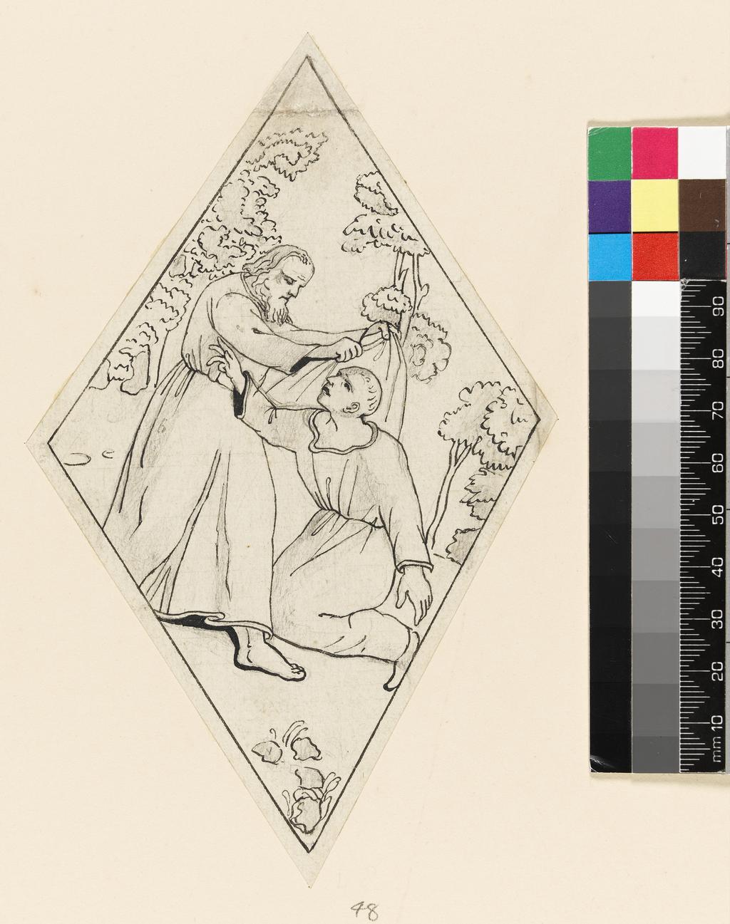 An image of Title/s: Drawing reduced from tracings taken from the inlaid marble pavement of Siena Cathedral during its restoration in the nineteenth centuryTitle/s: Design for a lozenge: Elijah casting his mantle on Elisha Maker/s: Maccari, Leopoldo (draughtsman) [ULAN info: Italian artist, 1850-1894?]Technique Description: pen and black ink with graphite on lightly squared paper Dimensions: height: 165 mm, width: 101 mm