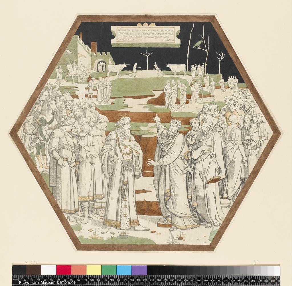 An image of Title/s: Drawing reduced from tracings taken from the inlaid marble pavement of Siena Cathedral during its restoration in the nineteenth centuryTitle/s: The pact between Elijah and Ahab Maker/s: Maccari, Leopoldo (draughtsman) [ULAN info: Italian artist, 1850-1894?]Technique Description: pen and black ink with black, green, blue, ochre and brown wash on lightly squared paper Dimensions: height: 358 mm, width: 415 mm