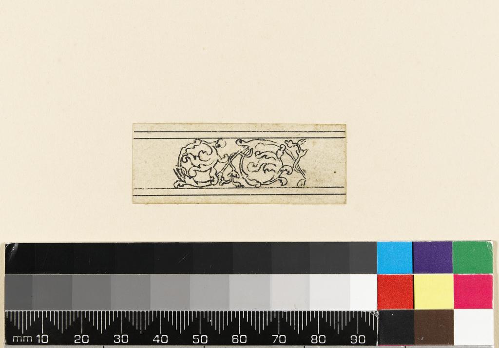 An image of Title/s: Drawing reduced from tracings taken from the inlaid marble pavement of Siena Cathedral during its restoration in the nineteenth centuryTitle/s: Rinceau pattern Maker/s: Maccari, Leopoldo (draughtsman) [ULAN info: Italian artist, 1850-1894?]Technique Description: pen and black ink on paper Dimensions: height: 21 mm, width: 55 mm