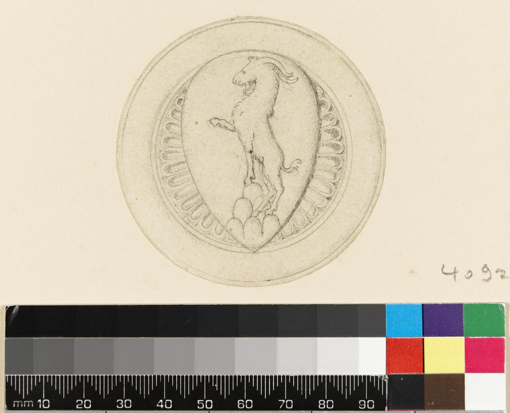 An image of Title/s: Drawing reduced from tracings taken from the inlaid marble pavement of Siena Cathedral during its restoration in the nineteenth centuryTitle/s: Coat of armsMaker/s: Maccari, Leopoldo (draughtsman) [ULAN info: Italian artist, 1850-1894?]Technique Description: graphite on paper Dimensions: diameter: 68 mm