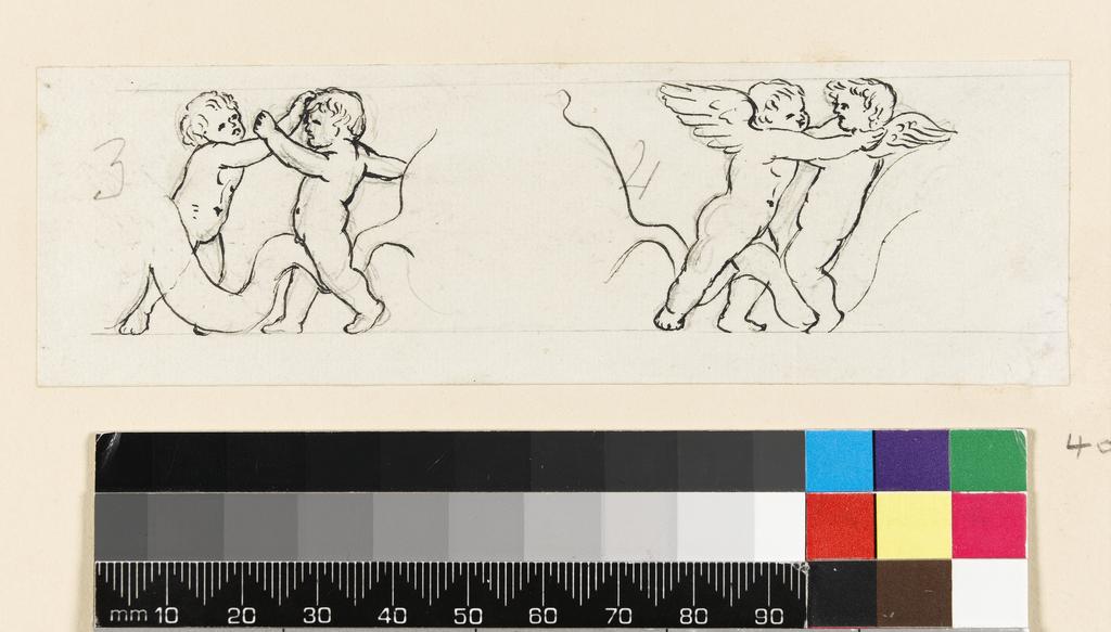 An image of Title/s: Drawing reduced from tracings taken from the inlaid marble pavement of Siena Cathedral during its restoration in the nineteenth centuryTitle/s: Designs for border decoration: Fighting putti and fighting amorini Maker/s: Maccari, Leopoldo (draughtsman) [ULAN info: Italian artist, 1850-1894?]Technique Description: graphite, pen and black ink on paper Dimensions: height: 43 mm, width: 139 mm
