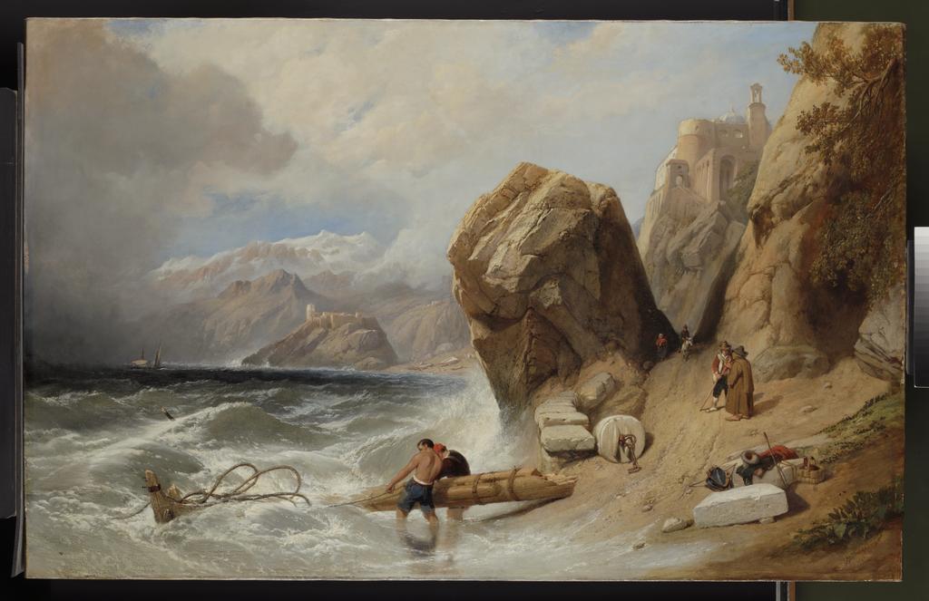 An image of Coast scene near Genoa. Stanfield, Clarkson (British, 1793-1867). Oil on canvas, height, 71.4, cm, width, 112.4, cm, 1846. Production Note: sometimes erroneously called William Clarkson Stanfield. HKI 3053.